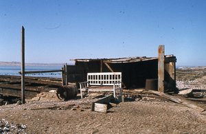 Elizabeth Bay: View of a bench before a wooden house