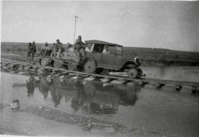 Floods in Heide-Tsumis. Motor car on railway line. March 1934 